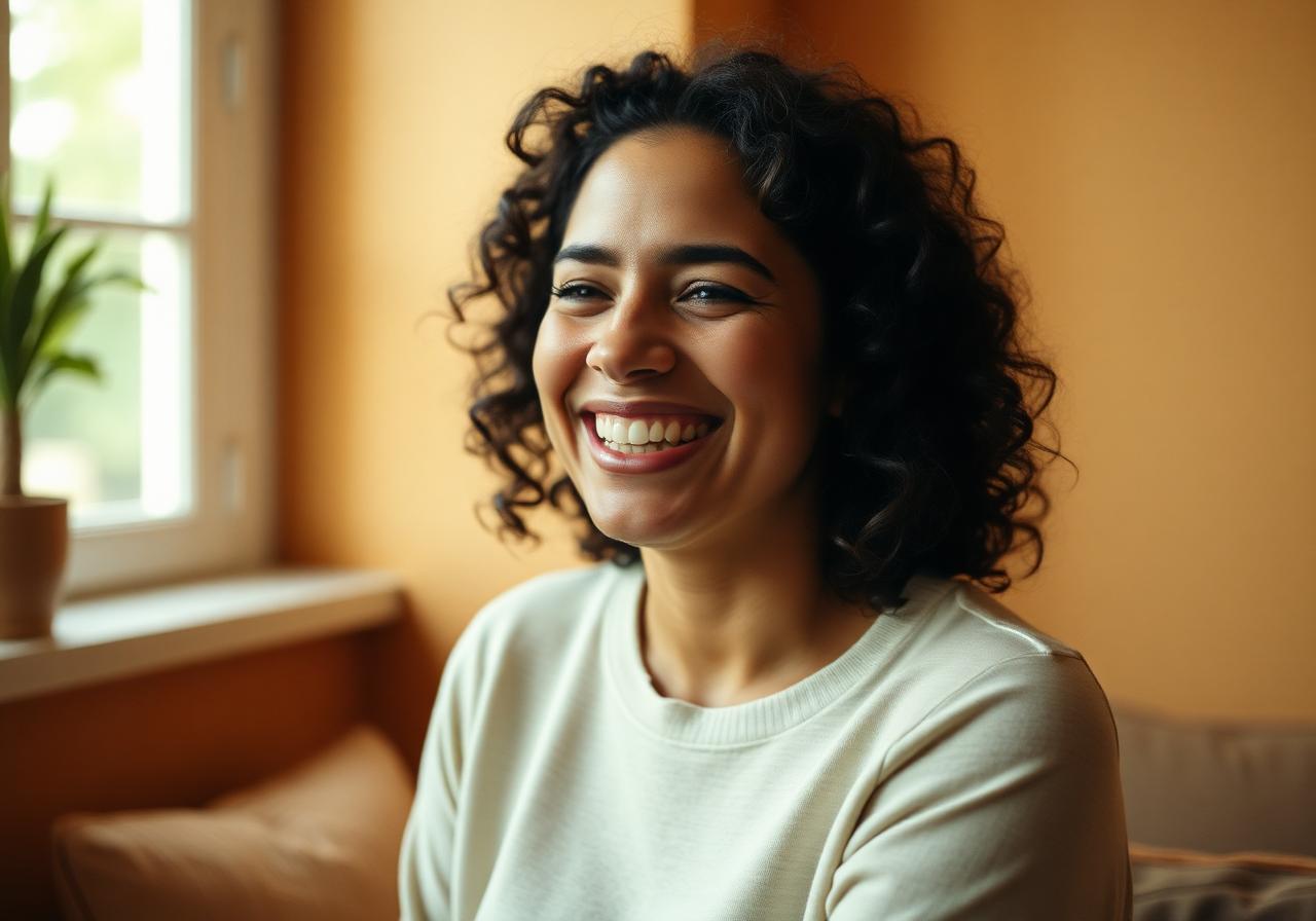 A smiling woman with curly hair laughing in warm window light