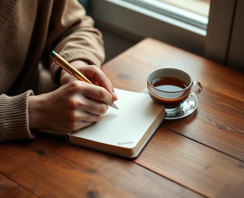 Hands writing in a notebook beside a warm cup of tea in soft window light