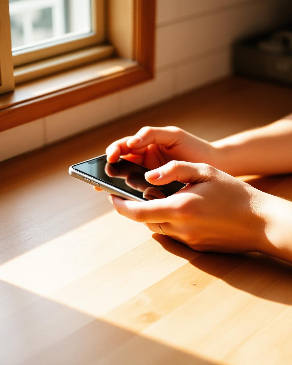 Two hands cradling a phone in warm window light on a wooden surface