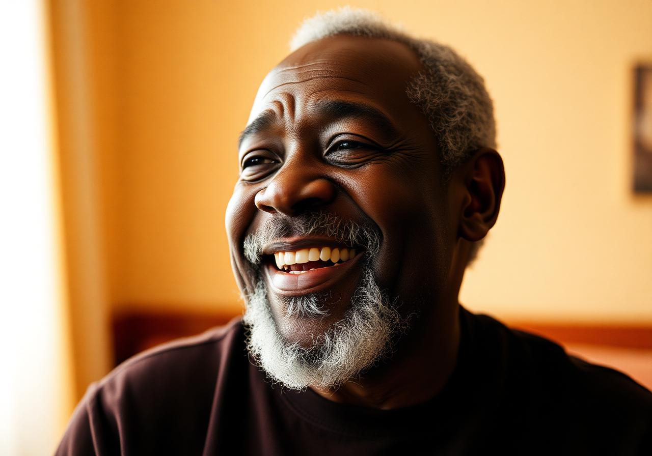 A smiling older man with a gray beard, gentle laugh in warm interior light