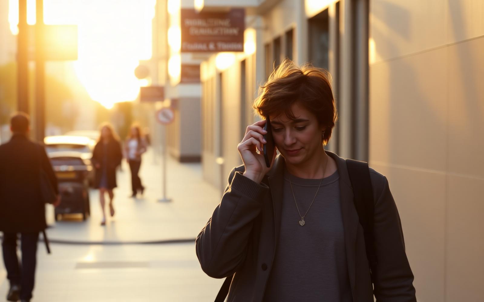 A person on a city sidewalk in golden hour, speaking quietly into their phone