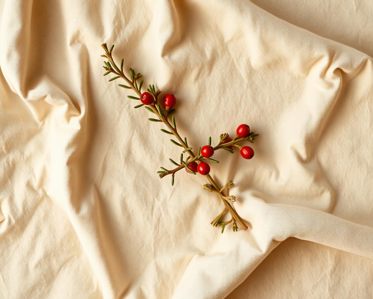 A sprig of juniper with red berries resting on soft cream linen in warm daylight